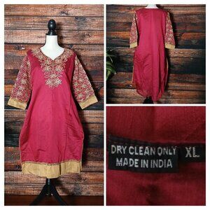 Traditional Kurta Tunic Dress XL Embroidered Side Slits Raspberry Gold